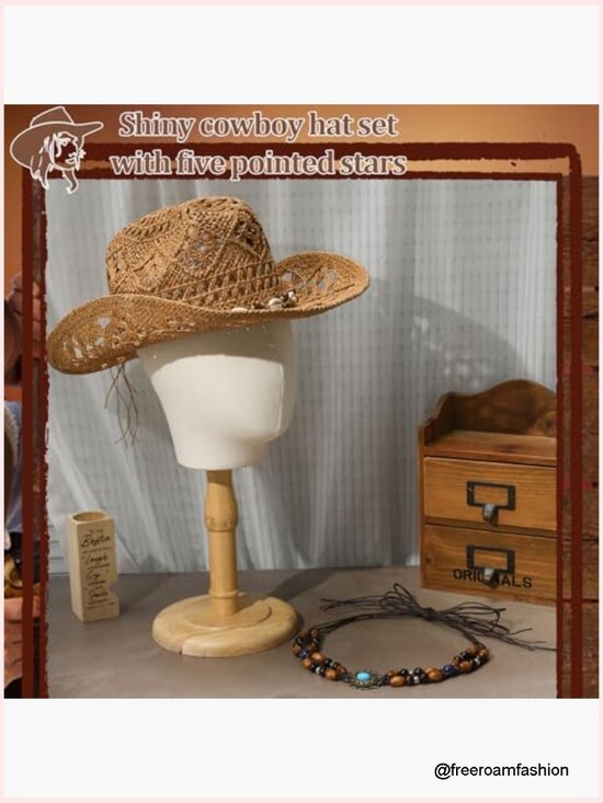 Straw Cowgirl Hat with Two Interchangeable Bands, Wide Brim Western Hat